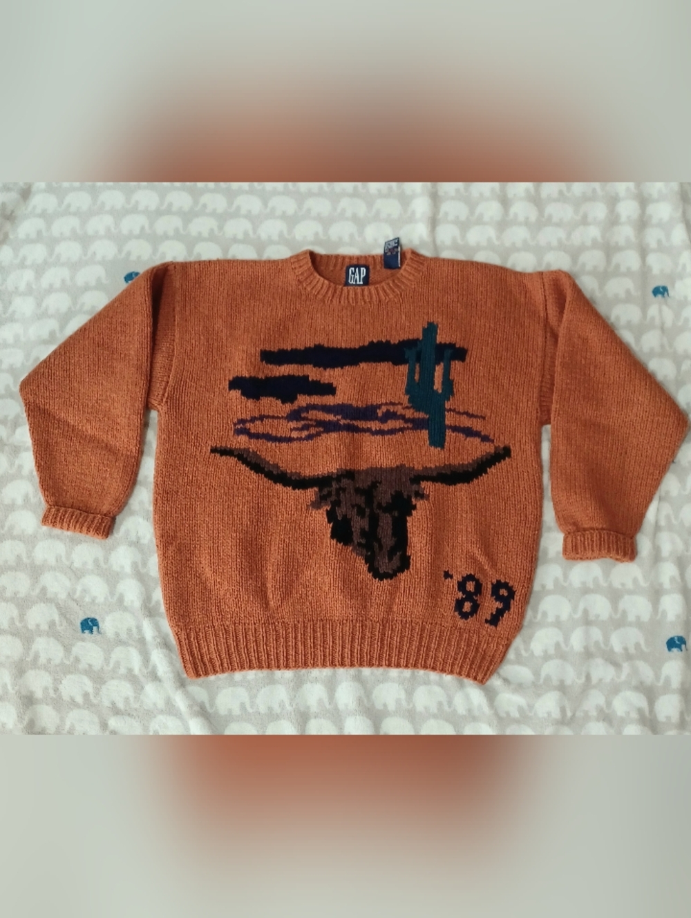 GAP 1989 Handknit Vintage Orange Sweater Southwest Cactus Cow Skull Bull L Wool